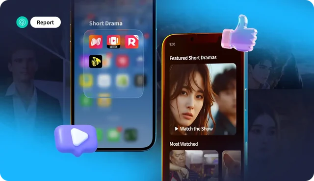 Sensor Tower report illustration showing short-drama app icons and a phone catalogue