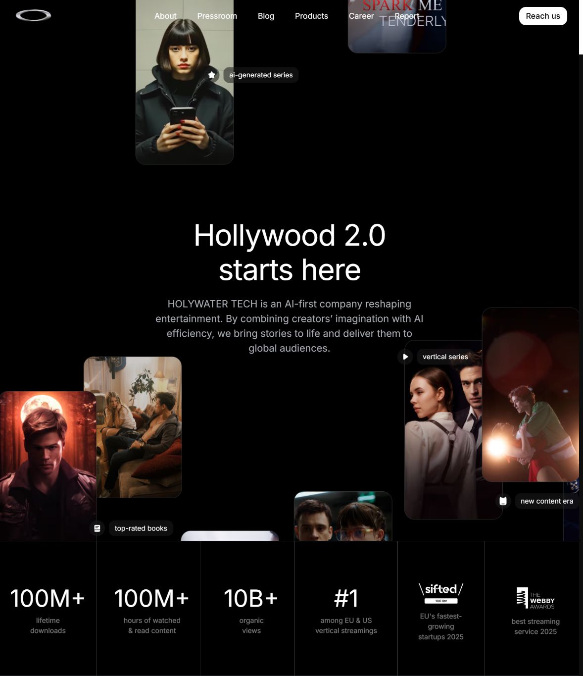Holywater Tech's corporate homepage with vertical-series artwork, book artwork and its AI-first entertainment positioning.