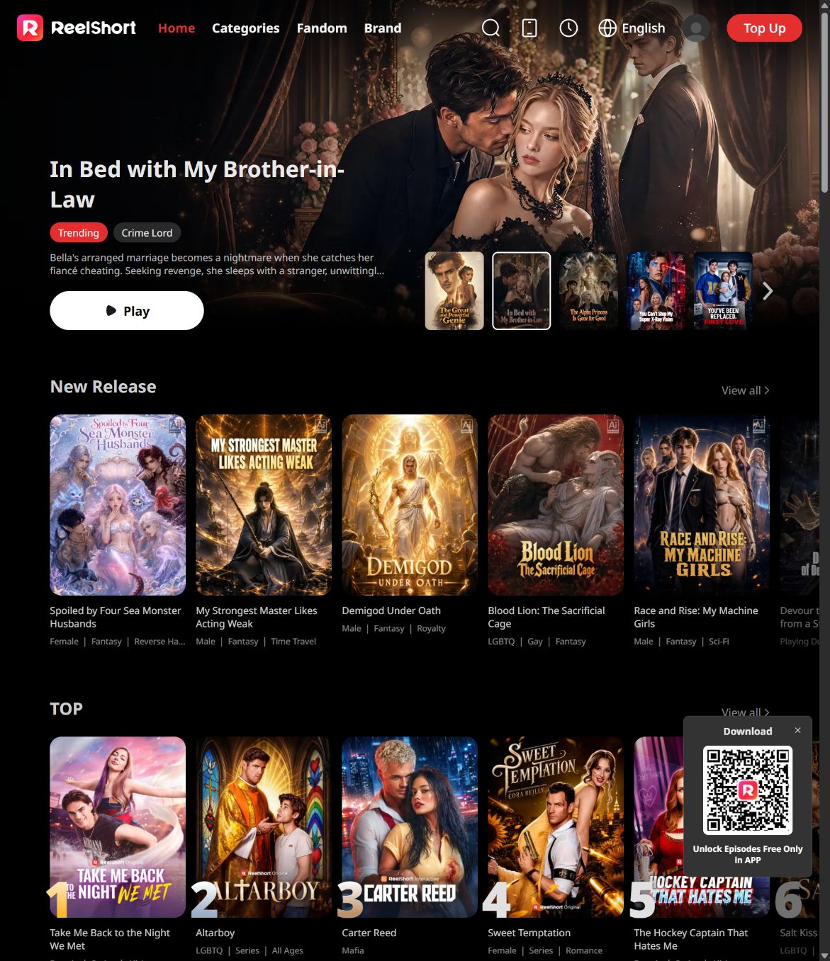 ReelShort homepage with a large featured drama, portrait title cards and new-release shelves.